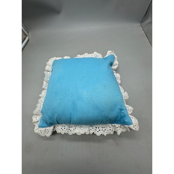 Handmade Blue Throw Pillow Cross Stitch Child bird Design White Lace Trim READ - Picture 6 of 8